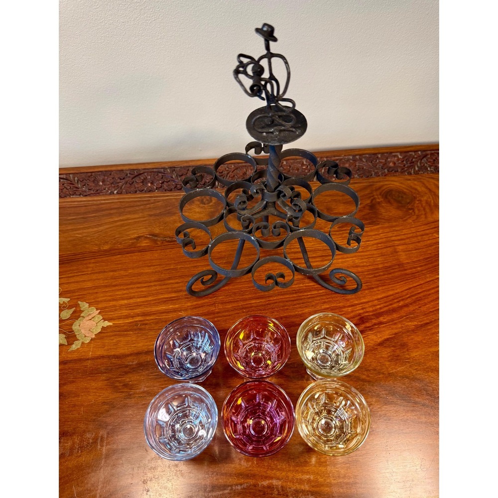 Vintage Cordial Glass Set • Dancing Couple Bar Caddy with 6 Colorful Glasses - Picture 12 of 17
